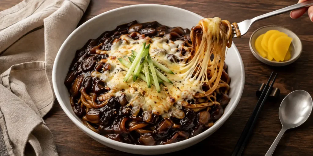 A deep white bowl of cheesy jajangmyeon with thick noodles coated in dark black bean sauce, topped with a blanket of melted golden cheese, chopsticks resting on the side.