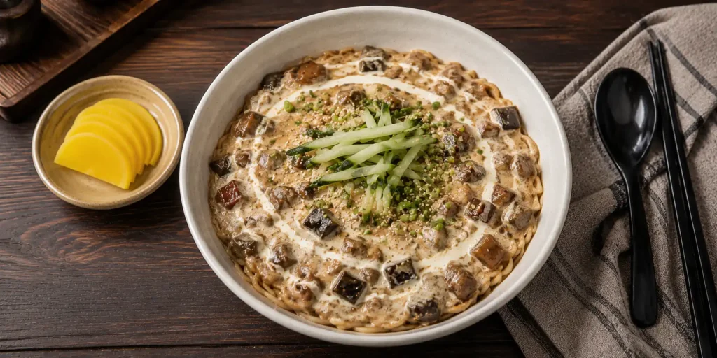 A deep white bowl of Creamy Jajangmyeon with thick noodles coated in rich, pale brown-black glossy sauce, cucumber strips, sesame seeds, and a swirl of cream, chopsticks resting on the side.