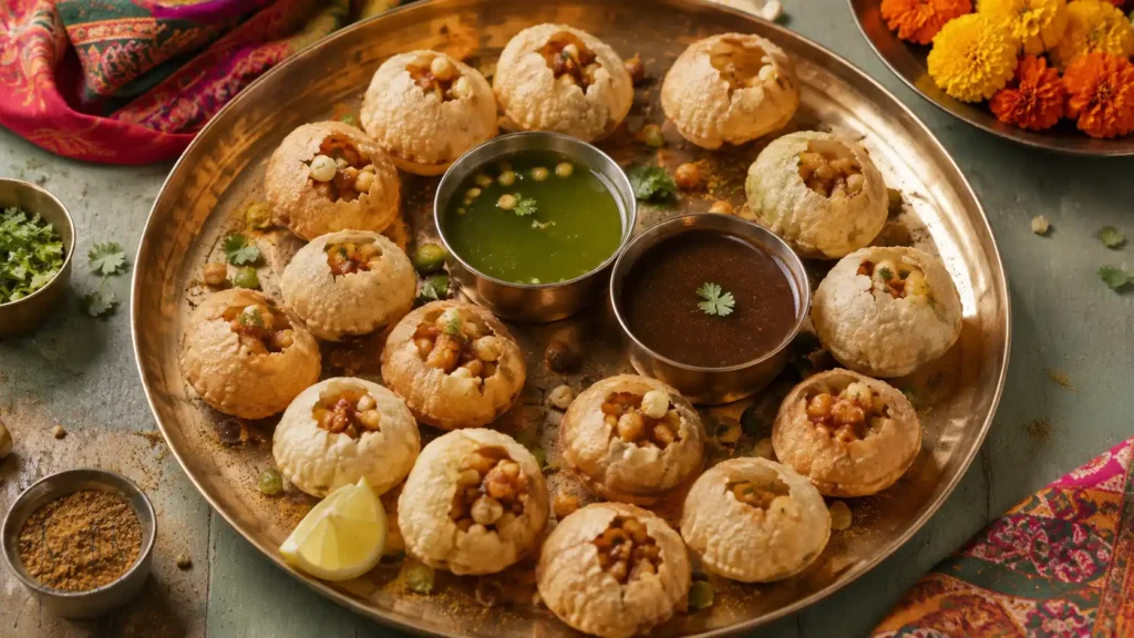 A brass plate with crispy golgappa puris filled with aloo-matar stuffing, bowls of green khatta-teekha pudina pani and brown imli chutney, with mint leaves and spices scattered on a wooden table.