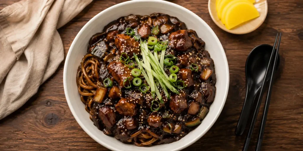 A deep white bowl of jajangmyeon with chicken, thick noodles coated in glossy black sauce, topped with cucumber strips and sesame seeds, chopsticks resting on the side.