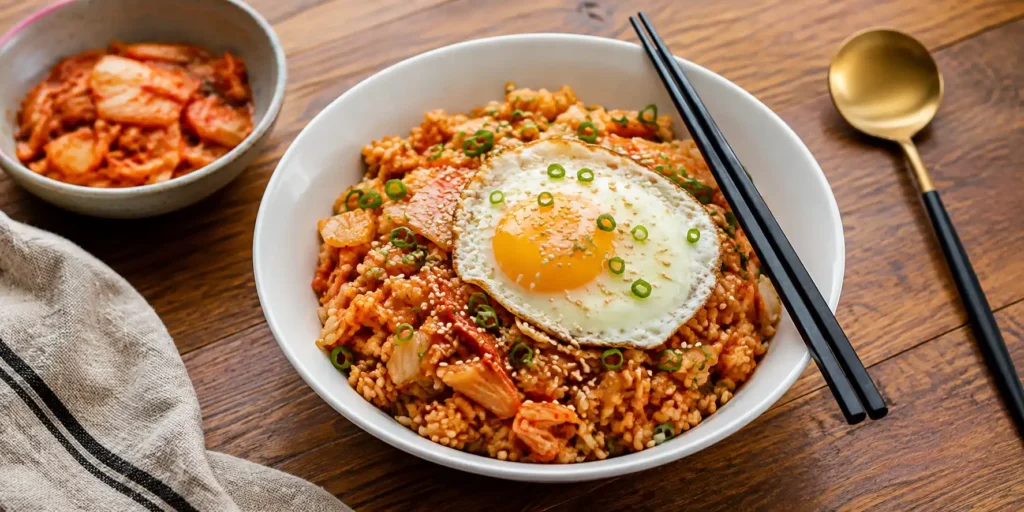 A white bowl of kimchi fried rice with a golden fried egg on top, sprinkled with sesame seeds and spring onions, chopsticks resting on the side.