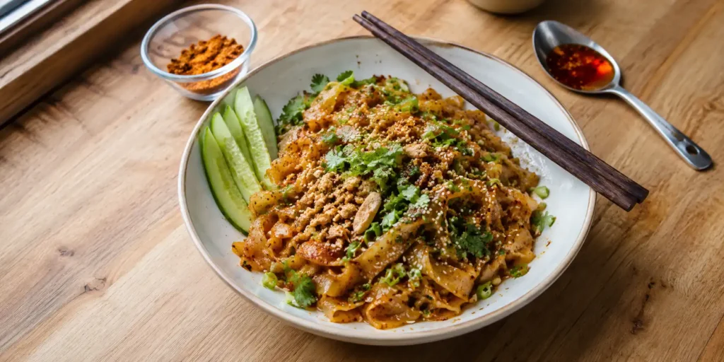 A white bowl of cold laphing dry noodles, tossed in a dark red-orange masala, topped with spring onions, crushed peanuts, and sesame seeds, chopsticks resting on the side.