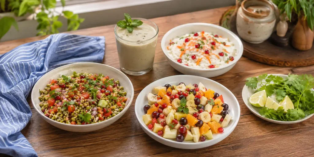 A colourful platter of no-cook Indian foods – sprout salad, curd rice, fruit chaat, and a glass of sattu sharbat on a wooden table.