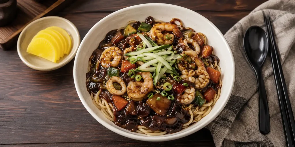 A deep white bowl of Seafood Jajangmyeon with thick noodles coated in glossy black sauce, topped with shrimp, squid, cucumber strips, and sesame seeds, chopsticks resting on the side.