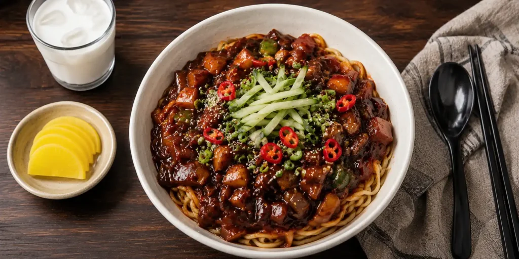 A deep white bowl of Spicy Jajangmyeon with thick noodles coated in dark red-black sauce, red chilli flakes, fresh chillies, cucumber strips, and sesame seeds, chopsticks resting on the side.