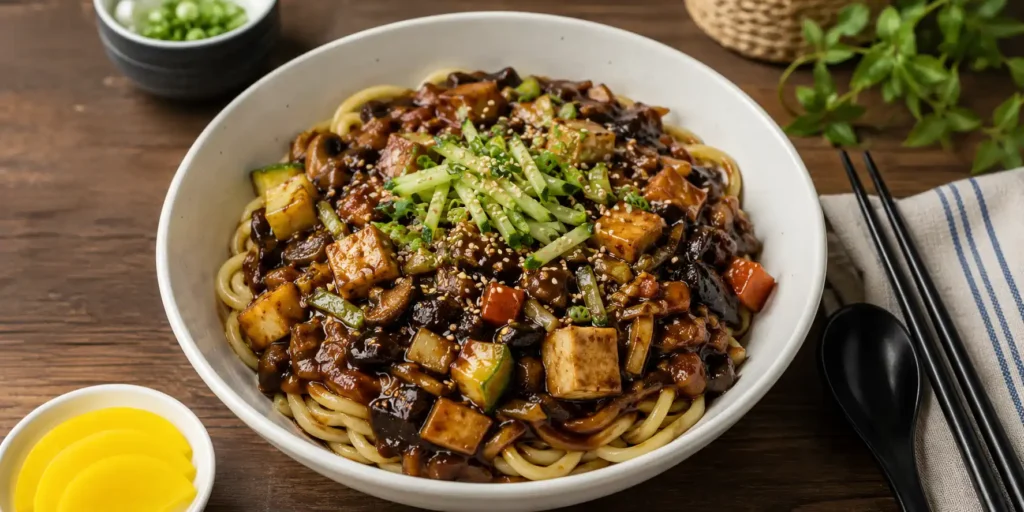 A deep white bowl of Vegan Jajangmyeon with thick noodles coated in glossy black sauce, tofu pieces, colourful vegetables, cucumber strips, and sesame seeds, chopsticks resting on the side.