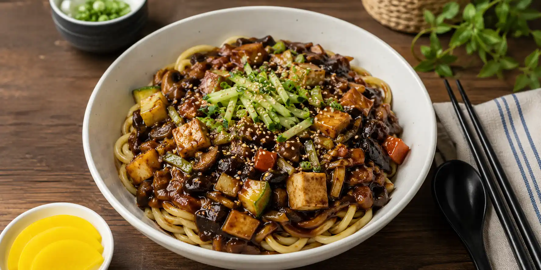 A deep white bowl of Vegan Jajangmyeon with thick noodles coated in glossy black sauce, tofu pieces, colourful vegetables, cucumber strips, and sesame seeds, chopsticks resting on the side.