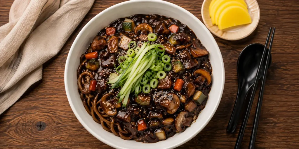 A deep white bowl of Vegetarian Jajangmyeon with thick noodles coated in glossy black sauce, colourful vegetables, cucumber strips, and sesame seeds, chopsticks resting on the side.