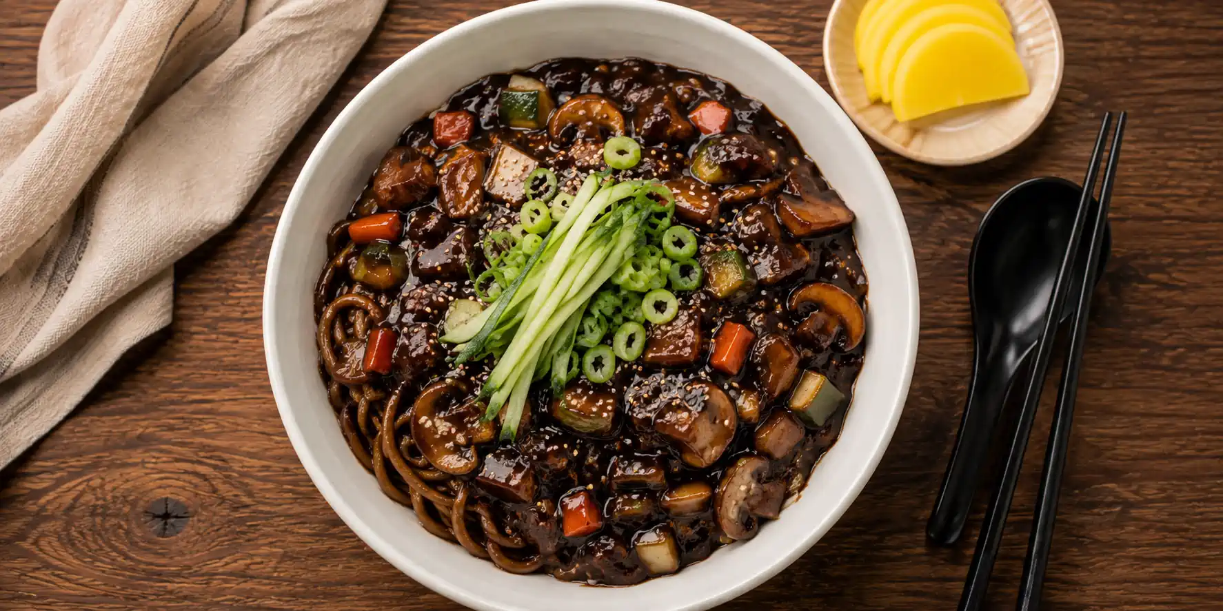 A deep white bowl of Vegetarian Jajangmyeon with thick noodles coated in glossy black sauce, colourful vegetables, cucumber strips, and sesame seeds, chopsticks resting on the side.
