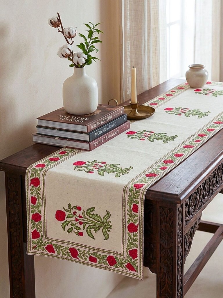 Baarno Pink Floral Handblock Printed Pure Cotton Table Runners
