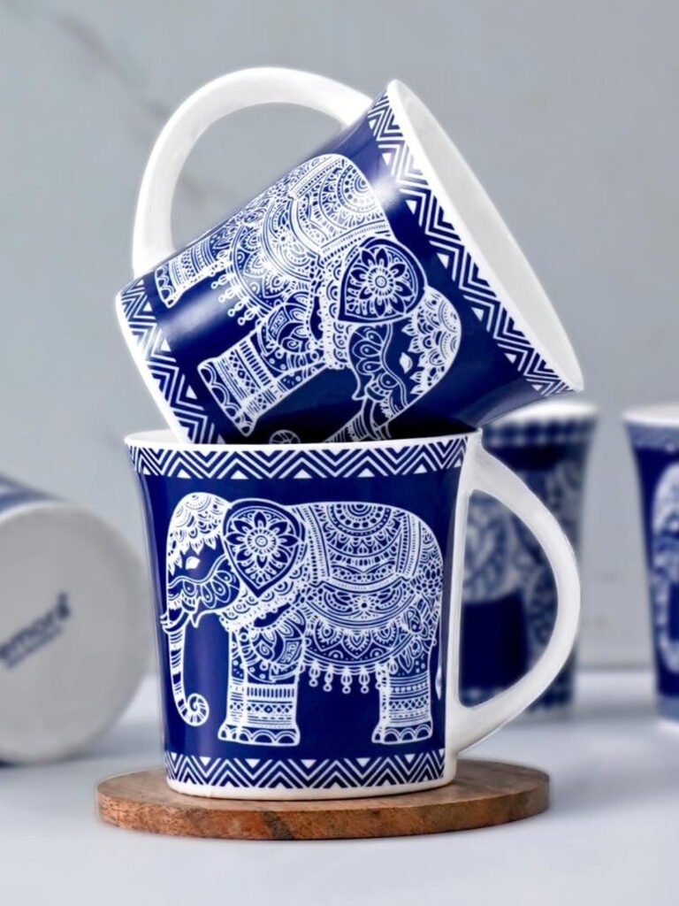 Femora Set of 6 Majestic Elephant Ceramic Tea & Coffee Cups Royal Blue 180 ml