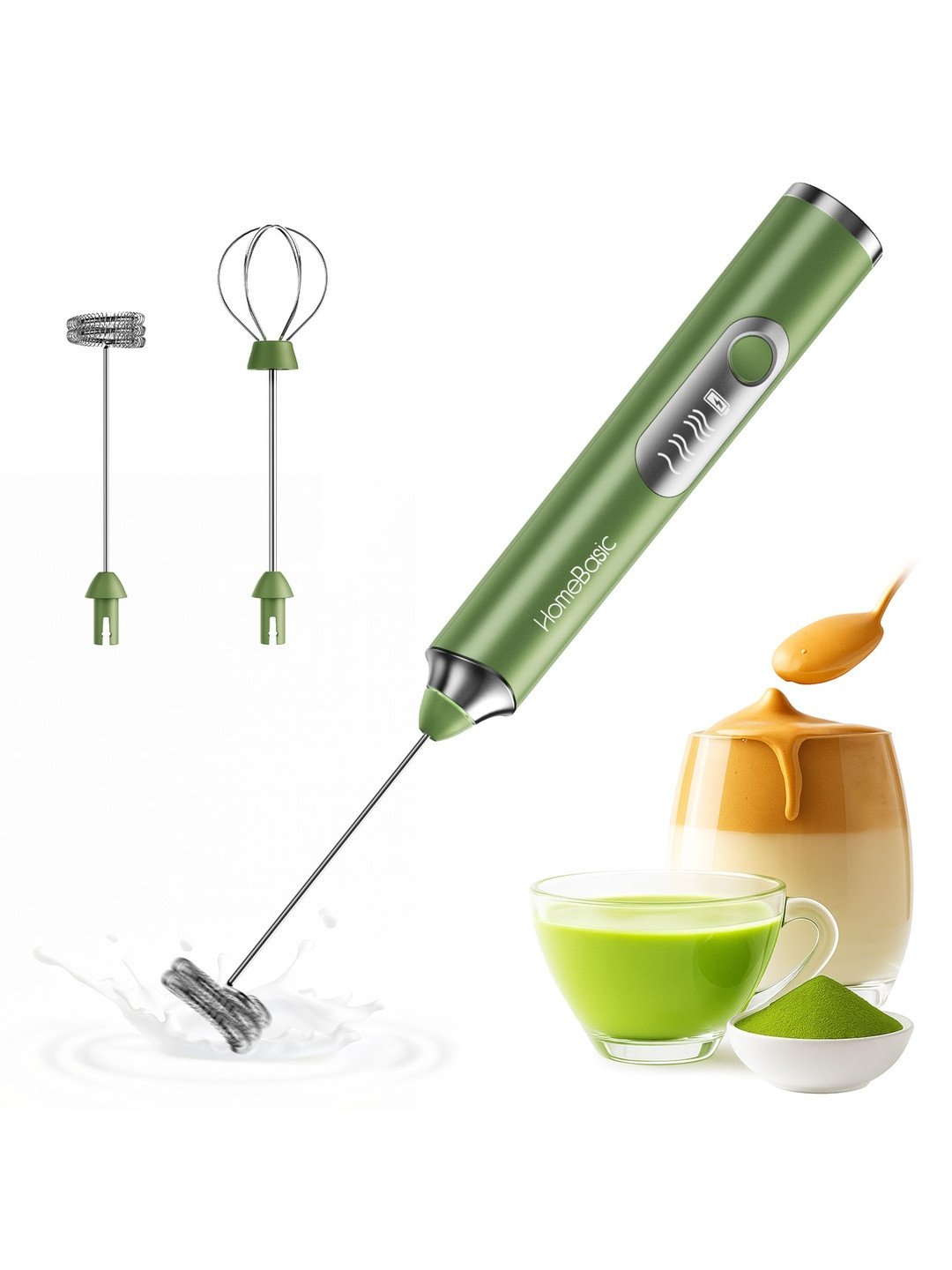 HOMEBASIC Green & Steel 3-Speed USB Rechargeable Handheld Milk Frother