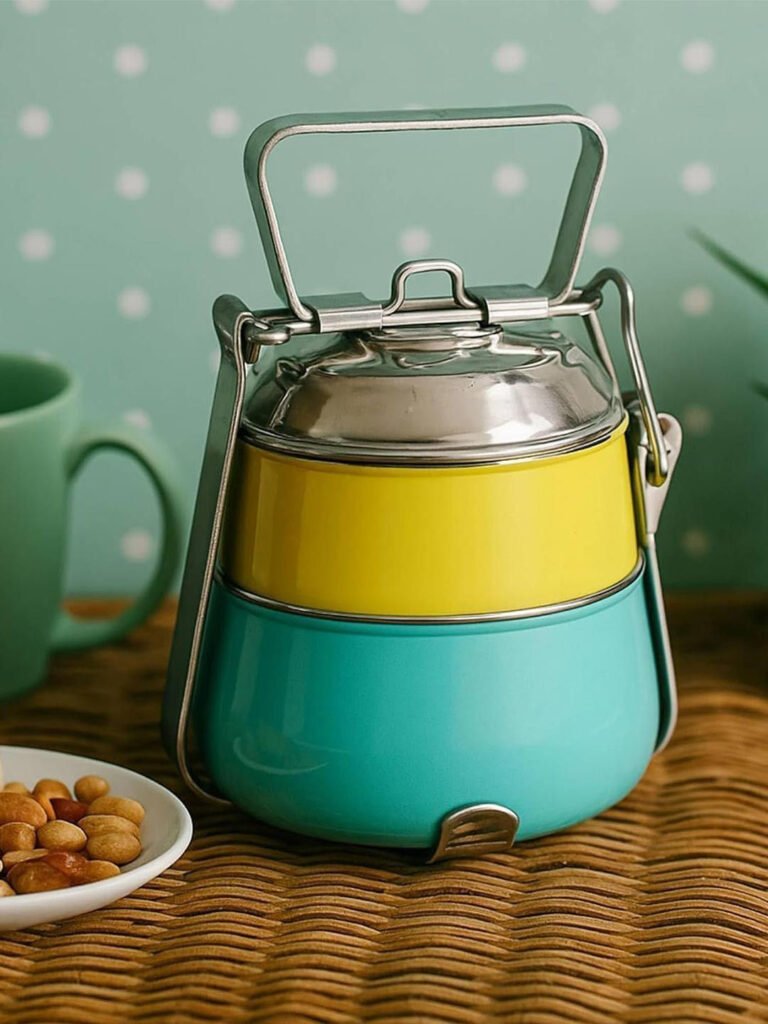 Living With Elan Stainless Steel Yellow & Aqua Leak Resistant Lunch Tiffin Box - 600 ml