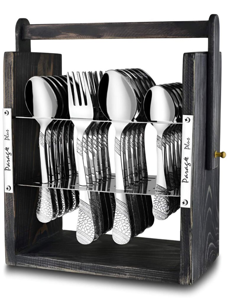 Parage Silver-Toned 25 Pieces Stainless Steel Cutlery Set with Wooden Hanging Stand