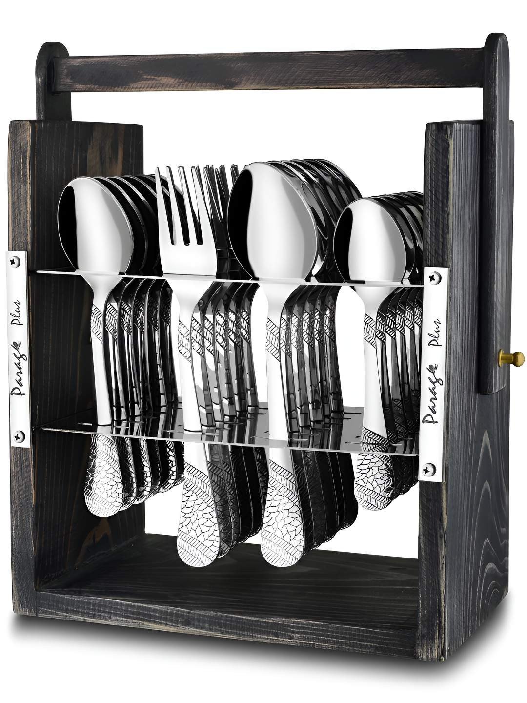Parage Silver-Toned 25 Pieces Stainless Steel Cutlery Set with Wooden Hanging Stand