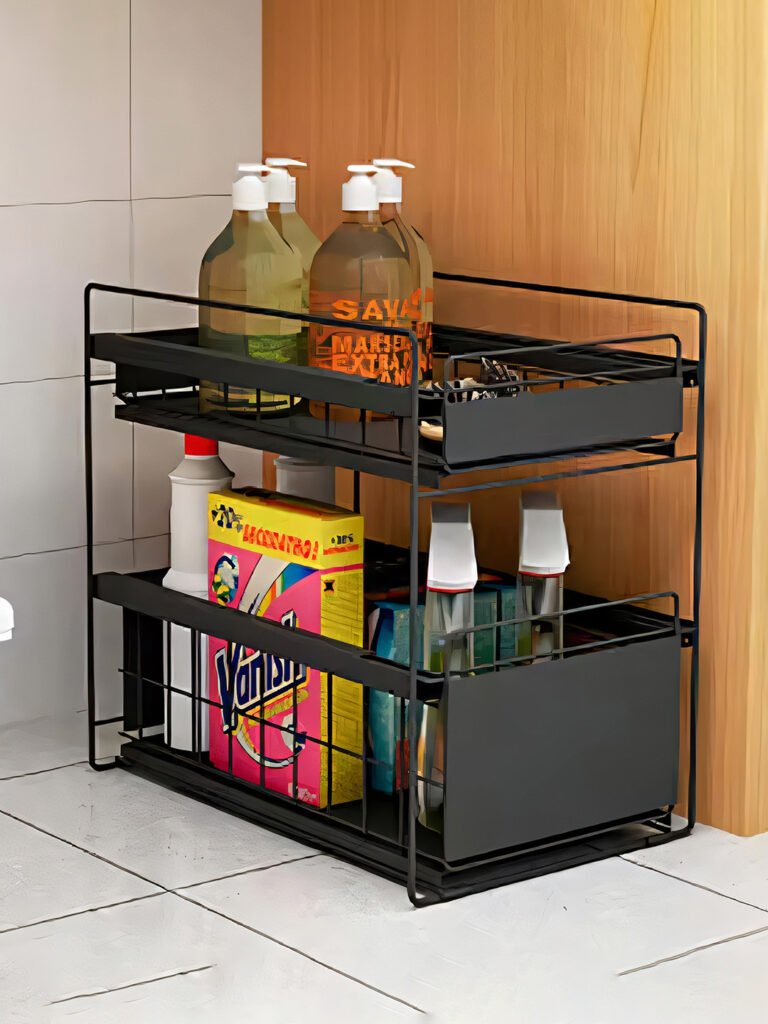 UMAI Black 2-Tier Sink Cabinet Storage With Rotating Wheels Multi-Utility Organizer