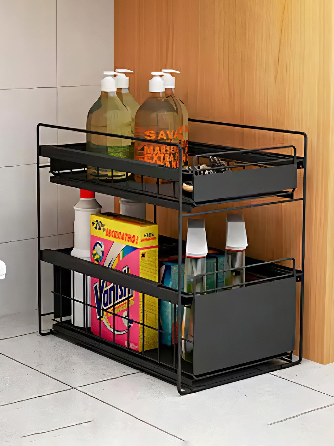 UMAI Black 2-Tier Sink Cabinet Storage With Rotating Wheels Multi-Utility Organizer