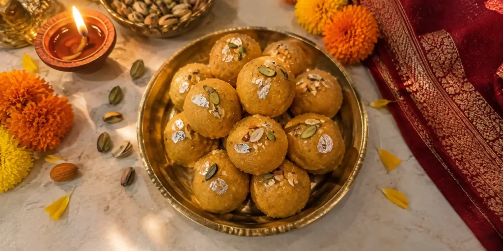 A brass plate with golden-yellow besan ladoos garnished with pistachio slivers, with a diya and marigold flowers on a festive background.