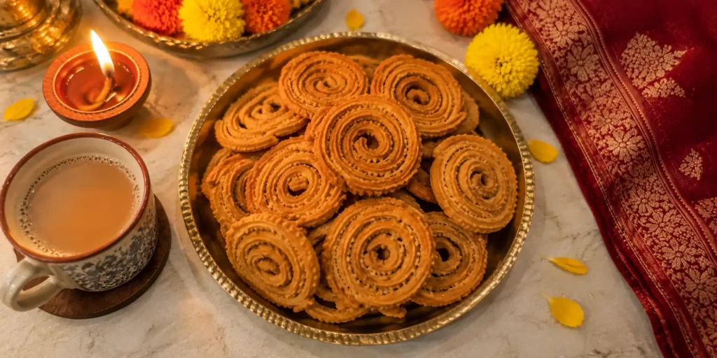 A brass plate with golden-brown spiral chakli, some stacked and some scattered, with a cup of chai and a diya on a festive background.