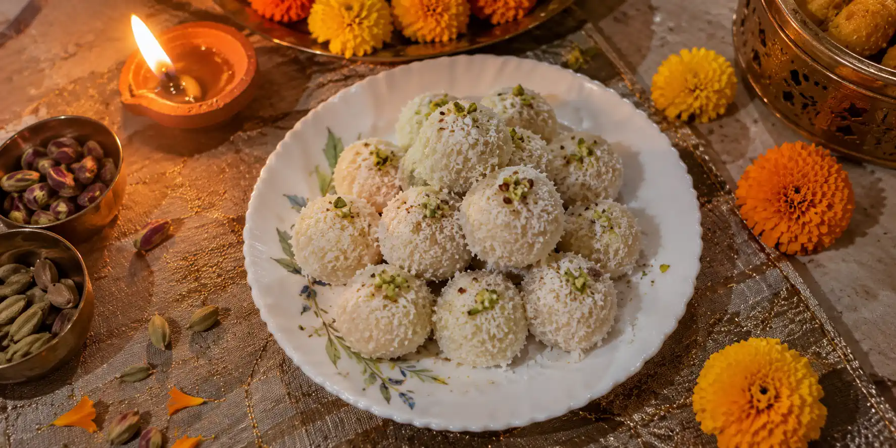 A white plate with soft white coconut ladoos garnished with pistachio slivers, with a diya and marigold flowers on a festive background.
