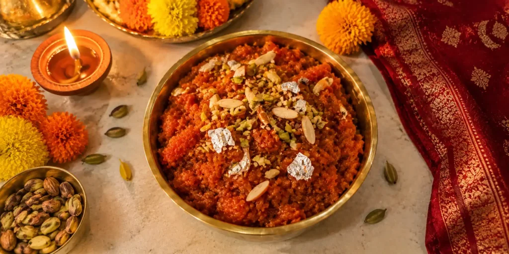 A brass bowl of rich, deep orange gajar ka halwa garnished with pistachio slivers and almonds, with a diya and marigold flowers on a festive background.