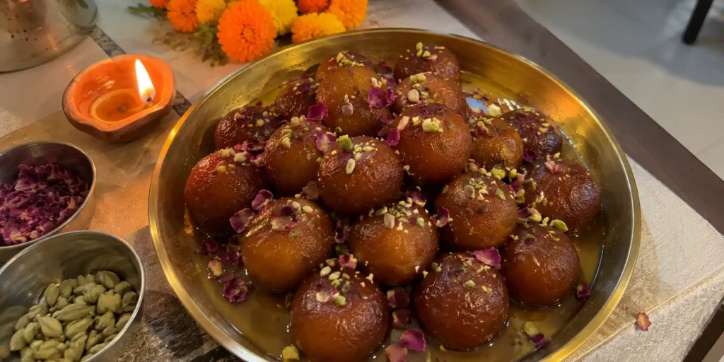 A brass plate with golden-brown gulab jamuns drizzled with sugar syrup, garnished with pistachio slivers, with a diya and marigold flowers on a festive background.