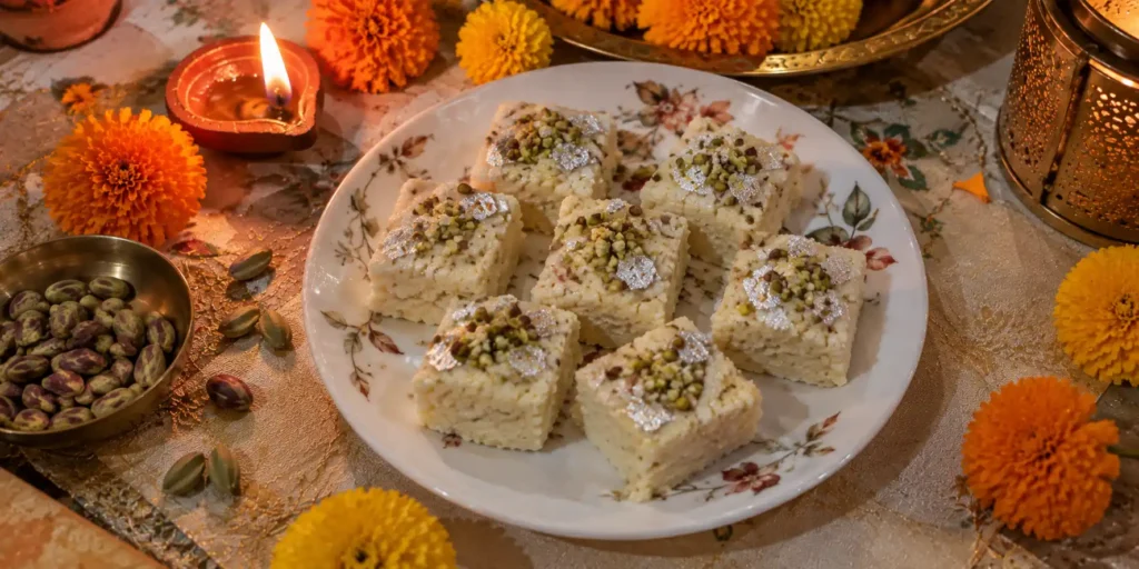 A white bon china plate with squares of white kalakand garnished with pistachio slivers and silver foil, with a diya and marigold flowers on a festive background.
