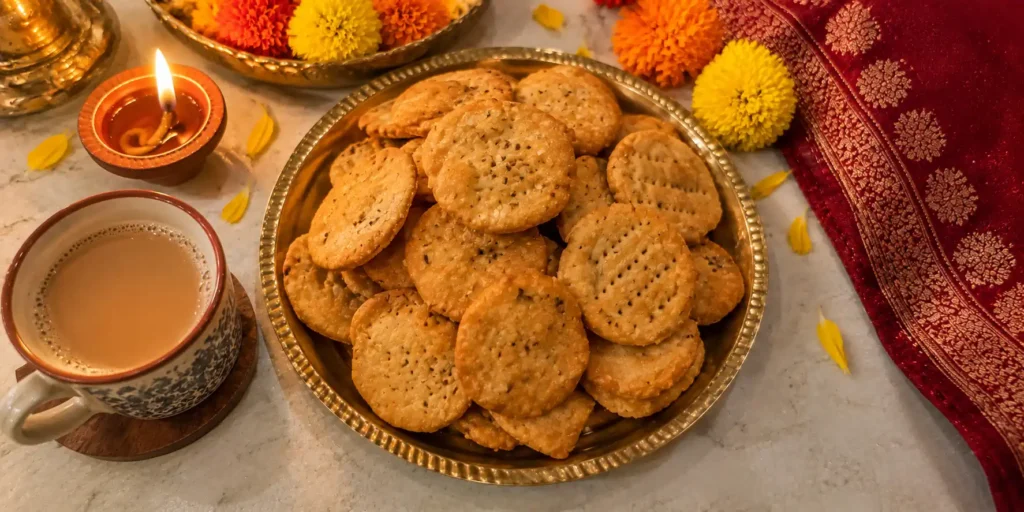 A brass plate with golden-brown mathri, some round and some with a fork-pricked texture, with a cup of chai and a diya on a festive background.