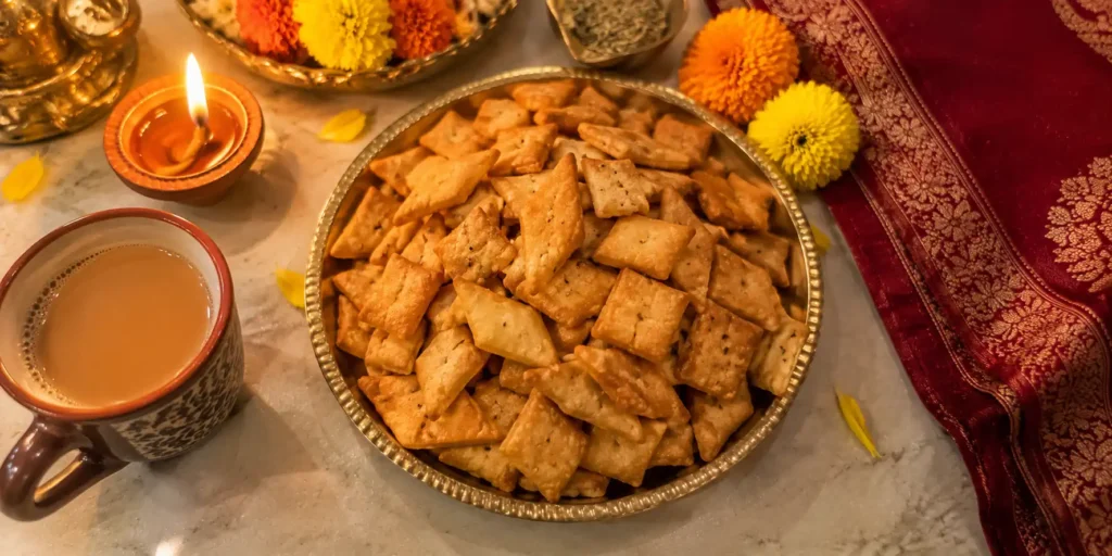 A brass plate with golden-brown namak pare, some diamond-shaped and some square, with a cup of chai and a diya on a festive background.