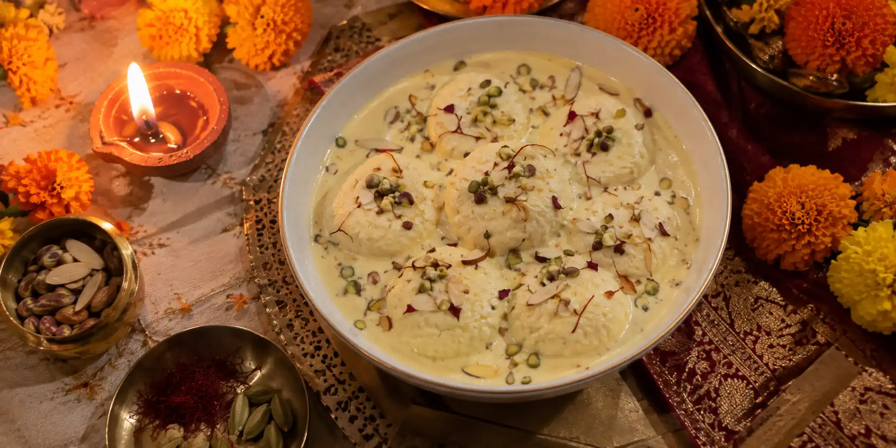 A white bowl with soft white rasmalai discs soaked in creamy saffron milk, garnished with pistachio slivers and saffron strands, with a diya and marigold flowers on a festive background.