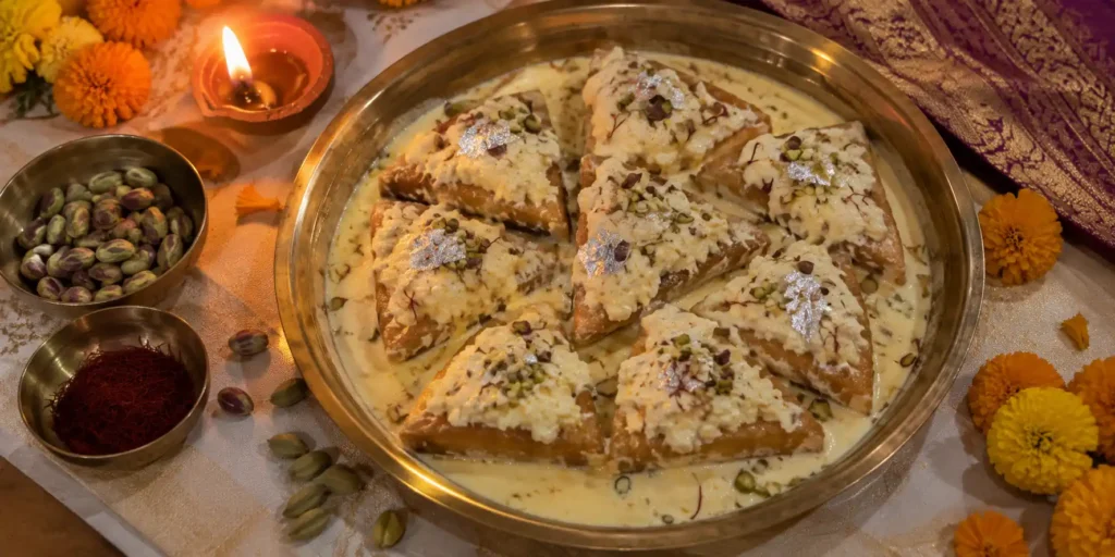 A brass plate with golden-brown shahi tukda pieces soaked in saffron milk, topped with thick rabri, pistachio slivers, and silver foil, with a diya and marigold flowers on a festive background.