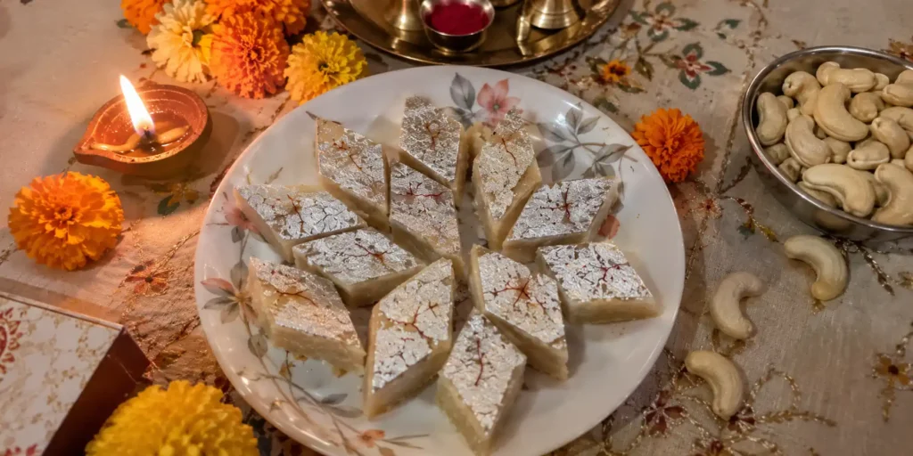 A plate of diamond-shaped kaju katli with silver foil on top, arranged neatly with a diya and marigold flowers on a festive background.