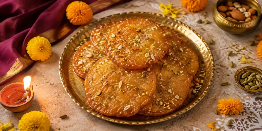 A brass plate with golden-brown malpuas drizzled with sugar syrup, garnished with pistachios, with a diya and marigold flowers on a festive background.