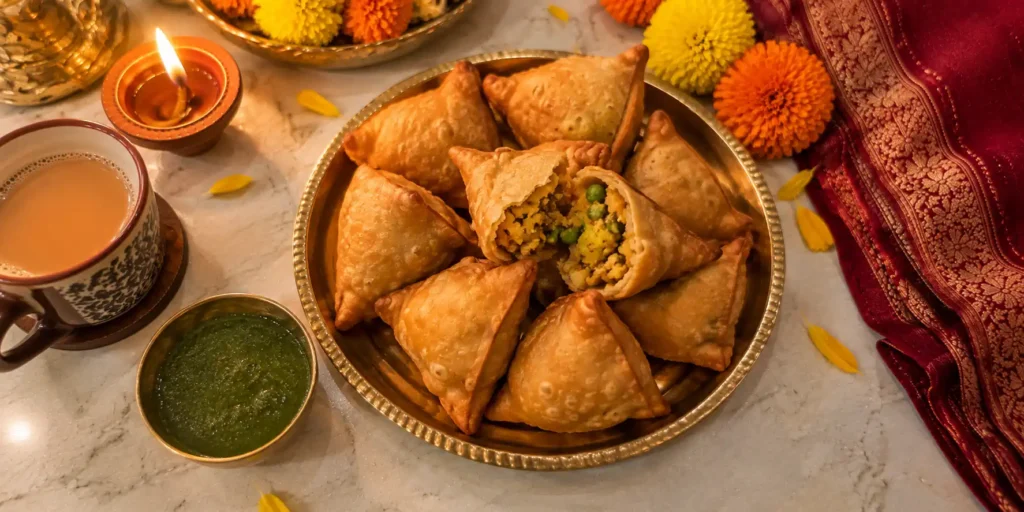 A brass plate with golden-brown samosas, one broken open to show the spiced potato filling, with a bowl of green chutney and a cup of chai on a festive background.